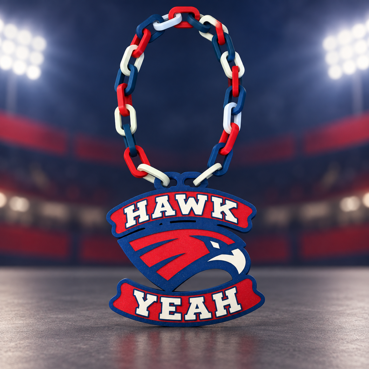 Red, white and blue Hays Hawks fan chain with a large H-shaped pendant and Hawks script.