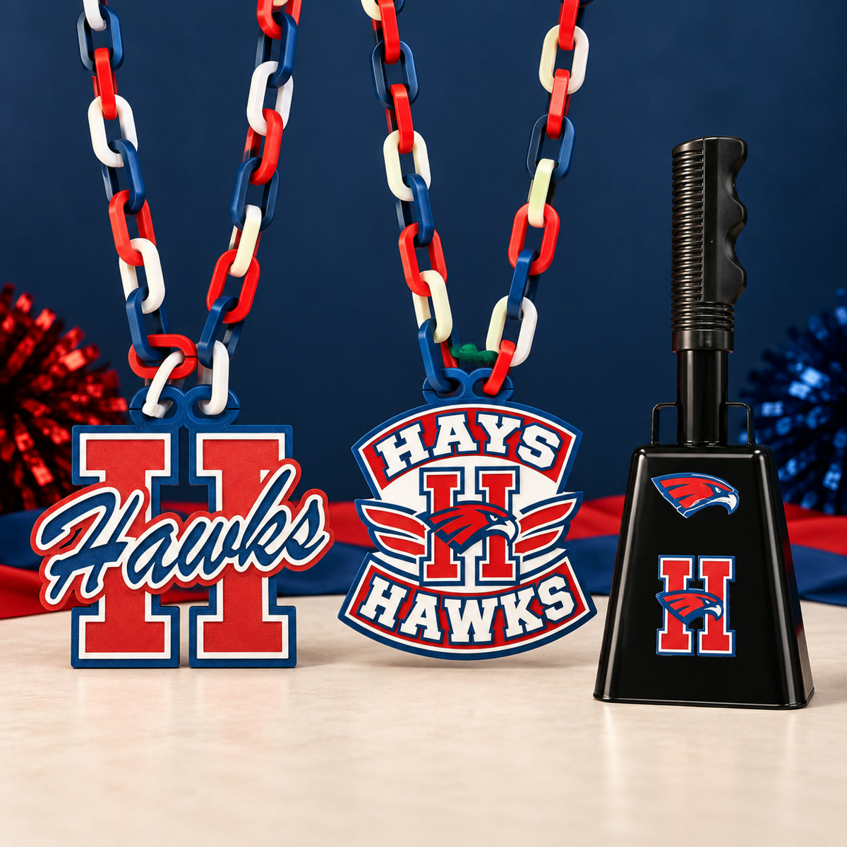 Complete Hays Hawks game-day set with two separate fan-chain designs and a personalized cowbell